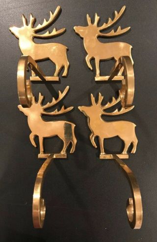 4 Solid Brass Vintage Reindeer Christmas Stocking Holders - Slightly