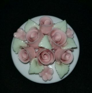 Vintage Round Ceramic Trinket/ring Box With Pink Flowers & Green Leaves
