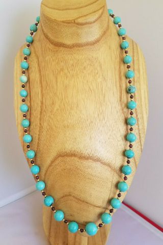 14k Chinese Blue Turquoise Garnet Bead Strand Necklace 26 Inch