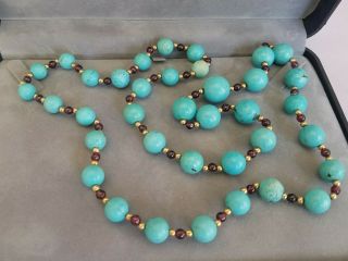 14k Chinese Blue Turquoise Garnet Bead Strand Necklace 26 inch 2