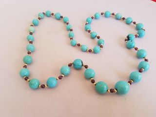 14k Chinese Blue Turquoise Garnet Bead Strand Necklace 26 inch 3