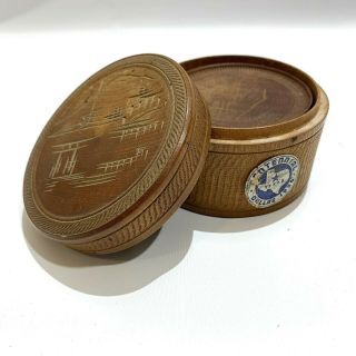 Vintage 1936 Round Wood Box With Lid & 6 Coasters Hand Carved Asian Japanese