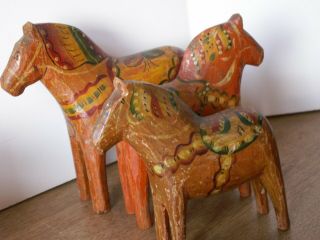 Antique - Vintage Three (3) Primitive Folk Art Wooden Horses Mexico Decorated