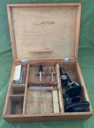 Vintage Antique Microscope Kit (fred Jessup 6th Grade) In Dovetail Wood Box