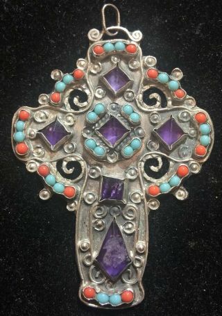 Vintage Mexican Baroque Matl Style Cross Sterling Silver Gemstone Pendant