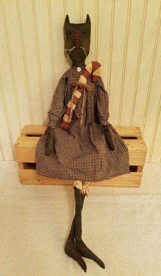 Primitive Grungy Tall Skinny Black Kitty Cat Christmas Doll & Her Candy Cane