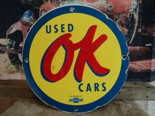 Vintage Ok Cars Chevrolet Porcelain Dealership Sign Chevy Truck & Car