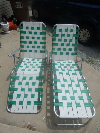 2 Vintage Aluminum Weaved Adjustable Folding Lawn Pool Patio Chair Lounger