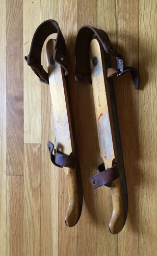 Vintage Antique Wood Ice Skates Steel Blades Leather Straps