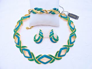 Vtg Trifari Blue Green Enamel Necklace Bracelet Earring Parure Set
