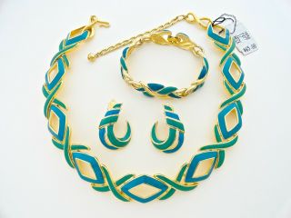 Vtg Trifari Blue Green Enamel Necklace Bracelet Earring Parure Set 2