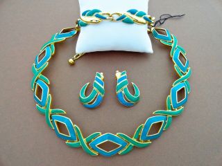 Vtg Trifari Blue Green Enamel Necklace Bracelet Earring Parure Set 3