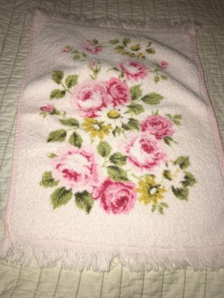 Vintage Fieldcrest All Cotton Floral Hand Towel Flowers Roses Pink Fringe Daisy