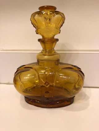 1950s Victrylite Candle Co Oshkosh Wi Amber Glass Crown Decanter Made In Italy
