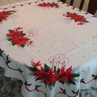 Vintage Holiday Tablecloth 51 " X 67 " Rectangular Poinsettias & Candles