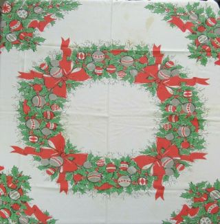 Vintage 50s Christmas Wreath Cotton Square Tablecloth