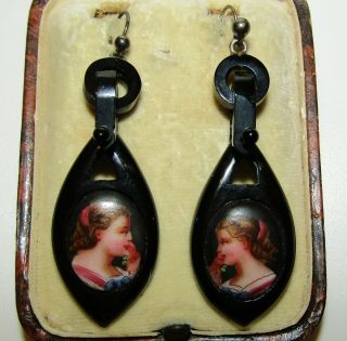 , Antique Victorian Miniature Portrait Painting Whitby Jet Earrings