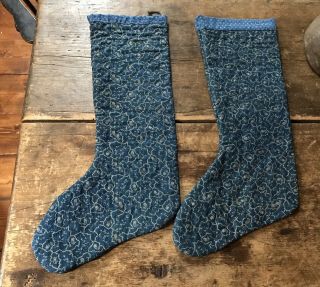 2 Early Antique Inspired Handmade All Blue Calico Stocking Textile Aafa Last One