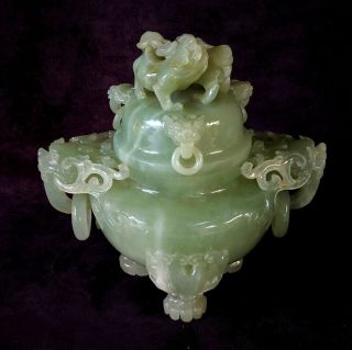 Lg Vintage Celadon Jade Chinese Incense Censer Burner Fu Dogs