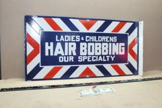 Rare Hair Bobbing Barber Shop 2 - Sided Flange Porcelain Metal Sign Gas Oil
