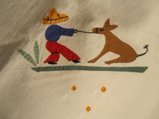 Vintage Linen Table Cloth Mexican Theme Hand Applique Mexican/donkey/cactus