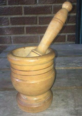 Large Vintage Antique Pharmacy & Dental Italian Wooden Mortar And Pestle Italy
