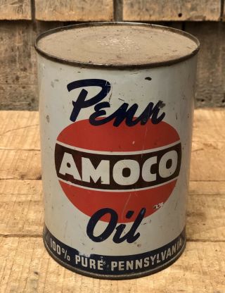 Vintage Penn Amoco Motor Oil American Oil Qt Gas Service Station Tin Can Sign