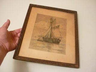 Antique Vintage Print Picture Yacht Boat Ship Nautica - Framed W/ Glass