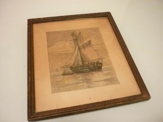 Antique Vintage Print Picture Yacht Boat Ship Nautica - Framed w/ Glass 2