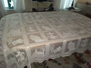 Pretty Vintage Polyester Lace Tablecloth Religious Images Cross Praying Hands
