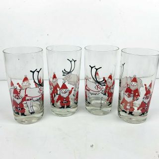 Vintage Christmas Santa & Reindeer Georges Mid Century Modern Set Of 4 Glasses