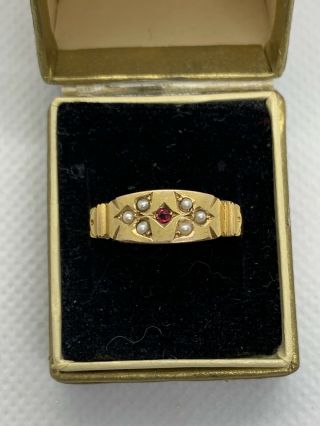 Rare Antique Victorian 15ct Gold Ruby & Pearl Ring,  Chester Hallmark,  Size L