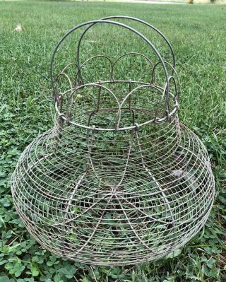 Vintage Primitive Wire Egg Basket Metal Rustic Folding Top Wire Double Handles
