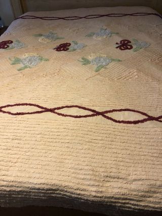 Vtg Floral Chenille Bedspread Queen Pink Yellow Blue Burgundy