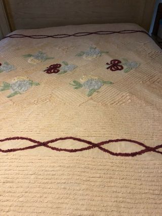 VTg FLORAL CHENILLE BEDSPREAD QUEEN Pink Yellow Blue Burgundy 2