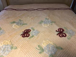 VTg FLORAL CHENILLE BEDSPREAD QUEEN Pink Yellow Blue Burgundy 3