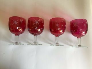 Bartlett Collins Cranberry Red Atomic Starburst Goblets.  Set Of 4.
