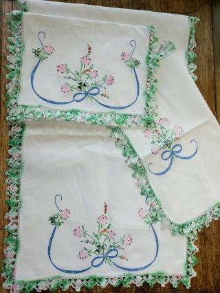 Vintage 3 - Piece Dresser Table Linens Floral Embroidery Crocheted Edge Euc
