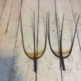 Two Vintage 3 - Tine Prong Pitch Hay Fork Primitive Farm Tool Heads.