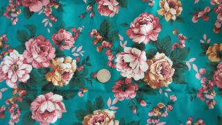 Vintage Polished Cotton Fabric Shades Of Pink Floral On Teal 1 - 1/2 Yd/58 "