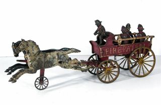 1890s Cast Iron Horse Drawn Fire Patrol Wagon By Hubley - Massive Size 19.  5 Inch