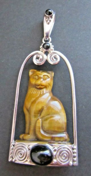 Vintage Huge Sterling Silver Sajen Carved Tiger Eye Cat Pendant Tiger 