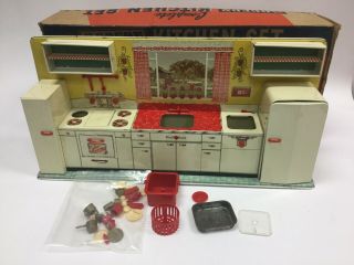 Vtg 1950s Louis Marx Modern Kitchen Set Tin Litho Toy With Box