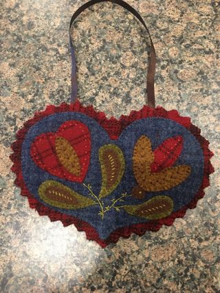 Antique Primitive Old Country Wool Applique Hanging Heart