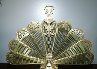 Vintage Brass Peacock Fan Fireplace Screen Ornate Foldable Euc