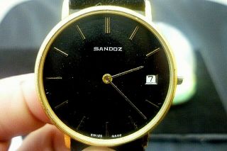 Mens 33mm Sandoz 17j Peseux 7046 Swiss Slim Black / Gold Vintage 70 