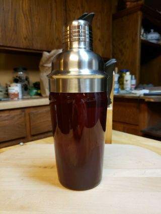 Vintage Plain Rare Ruby Red Glass Cocktail Shaker With Center - Pour Chrome Lid