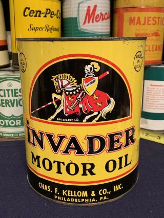 Vintage Invader Motor Oil Knight Graphic One Gallon Metal Can Gas Station Sign
