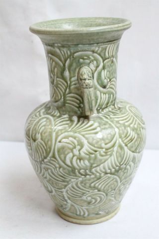 Vintage Korean Double Dragon Handled Frilly Leaves Green Celadon Porcelain Vase 2