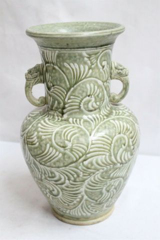 Vintage Korean Double Dragon Handled Frilly Leaves Green Celadon Porcelain Vase 3